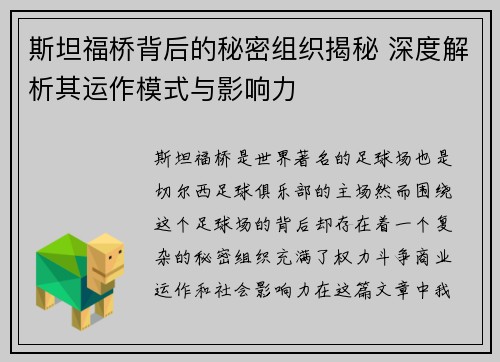 斯坦福桥背后的秘密组织揭秘 深度解析其运作模式与影响力 斯坦福桥背后的秘密组织揭秘 深度解析其运作模式与影响力