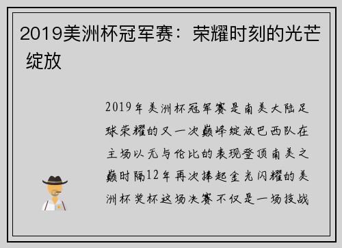 2019美洲杯冠军赛：荣耀时刻的光芒 绽放