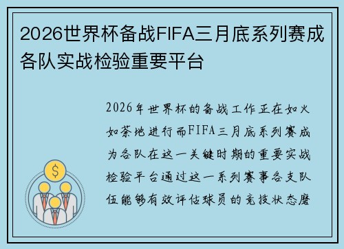 2026世界杯备战FIFA三月底系列赛成各队实战检验重要平台