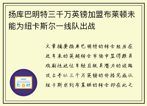 扬库巴明特三千万英镑加盟布莱顿未能为纽卡斯尔一线队出战